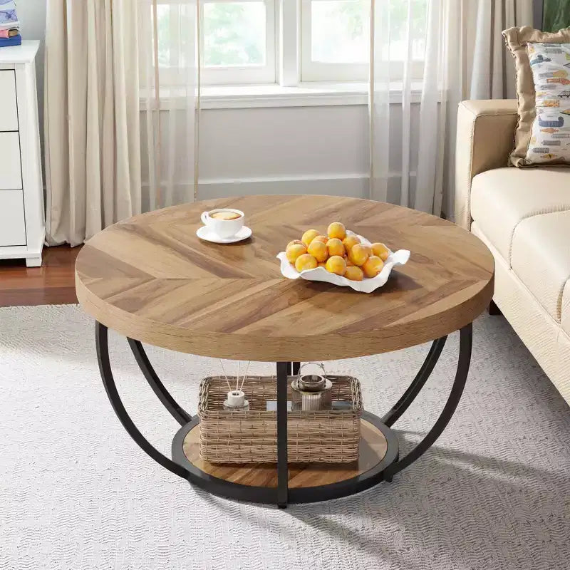 MAYEERTY 2 Tier Round Coffee Table Thickened Engineered Wood Sturdy Metal Base