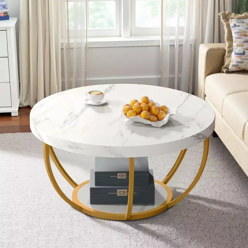 Table basse ronde à 2 niveaux en bois d'ingénierie épaissi, base en métal robuste