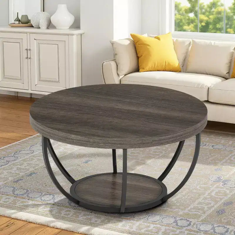 Table basse ronde à 2 niveaux en bois d'ingénierie épaissi, base en métal robuste
