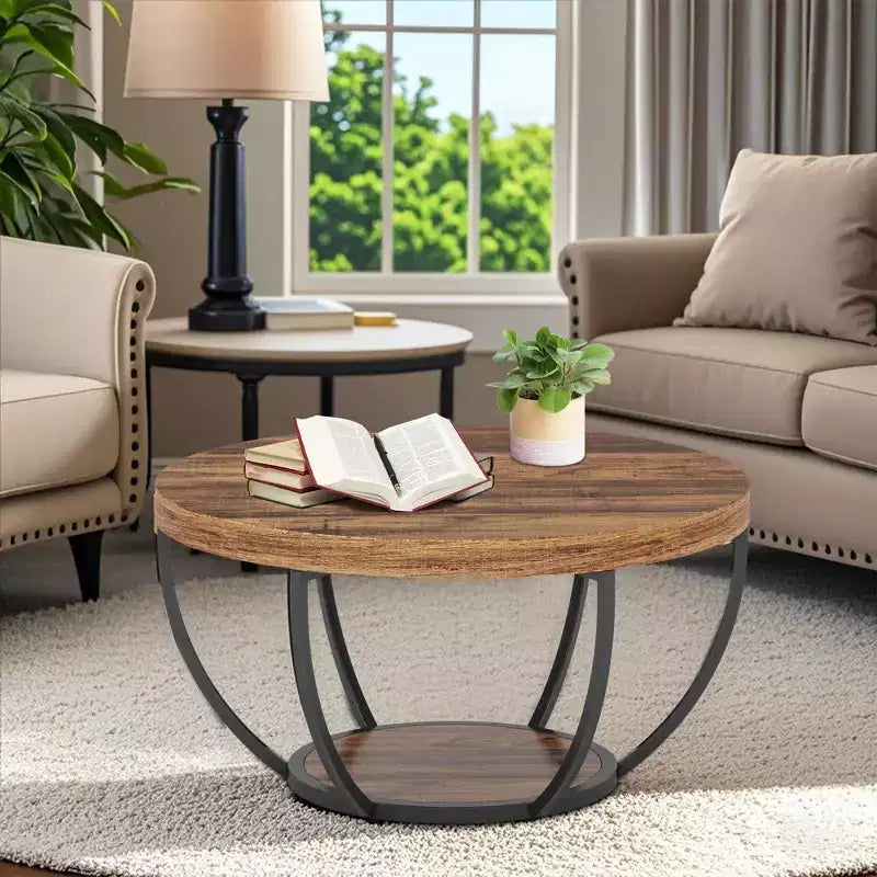 Table basse ronde à 2 niveaux en bois d'ingénierie épaissi, base en métal robuste