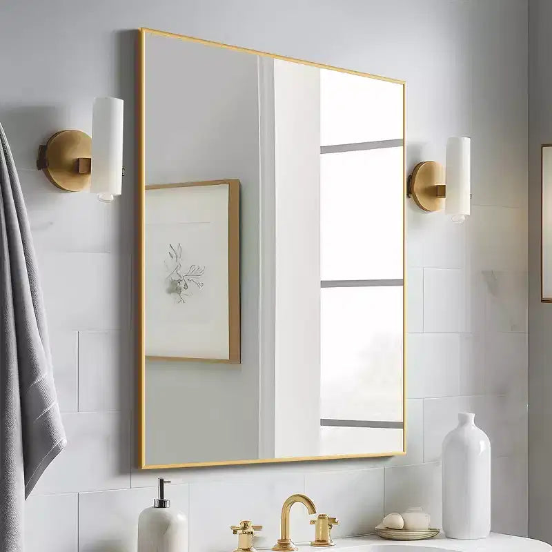 40x30 Rectangle Bathroom Mirror with Aluminum Alloy Frame, Wall Hanging Mirror Wall Mounted Vanity Mirror for Bedroom Living Room Entryway, Gold