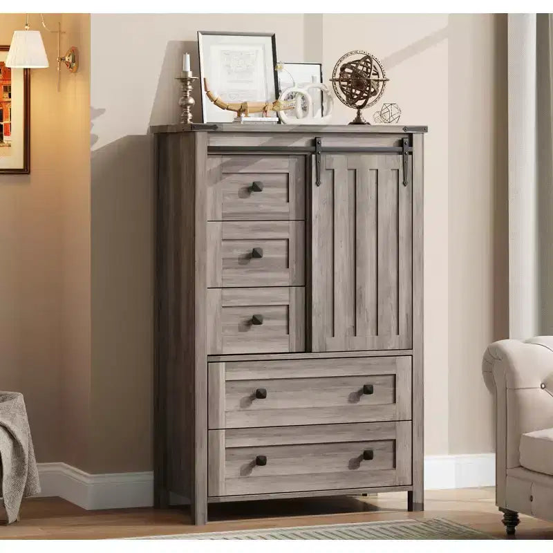Whizmax 48 Farmhouse Dresser - 5-Drawer Wood Chest with Sliding Barn Door &amp; Adjustable Shelf, Storage Organizer for Bedroom
