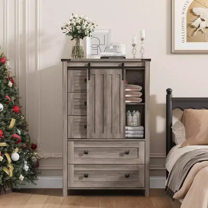 Commode de Ferme 48" - Commode en Bois à 5 Tiroirs avec Porte Coulissante et Étagère Réglable, Organisateur de Rangement pour Chambre