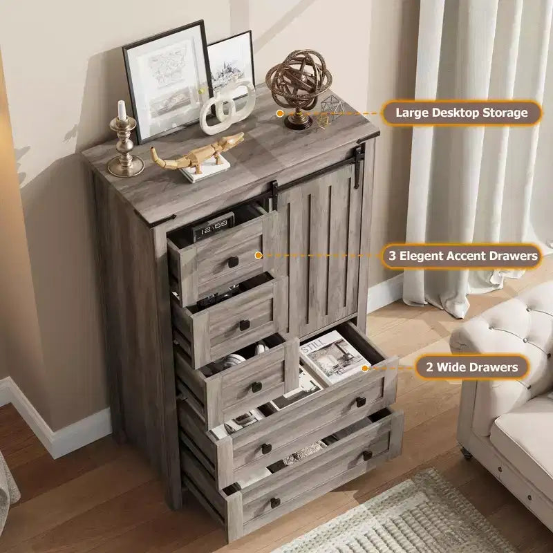 Commode de Ferme 48" - Commode en Bois à 5 Tiroirs avec Porte Coulissante et Étagère Réglable, Organisateur de Rangement pour Chambre