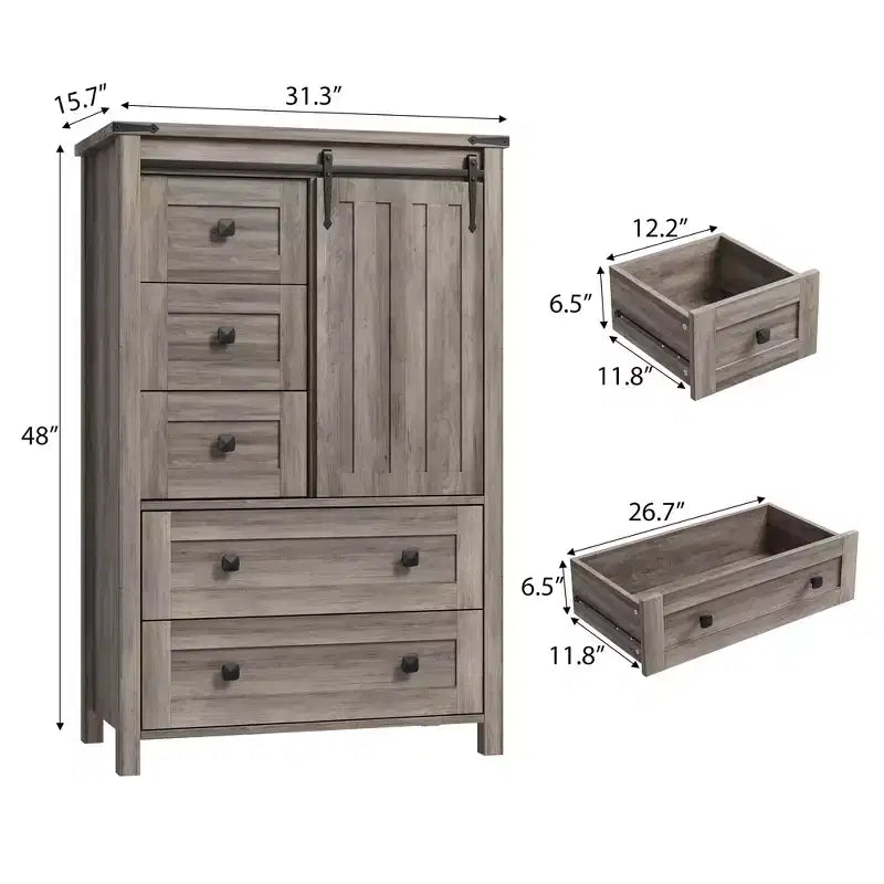 Commode de Ferme 48" - Commode en Bois à 5 Tiroirs avec Porte Coulissante et Étagère Réglable, Organisateur de Rangement pour Chambre