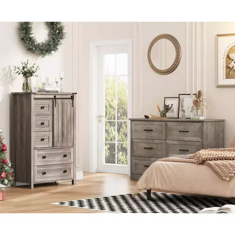 Commode de Ferme 48" - Commode en Bois à 5 Tiroirs avec Porte Coulissante et Étagère Réglable, Organisateur de Rangement pour Chambre