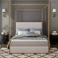 Queen/King Size Canopy Bed Metal 4-Poster Bed Frame with Tall Corduroy Upholstered Headboard, Beige+Gold/Black+White-ModernLuxe