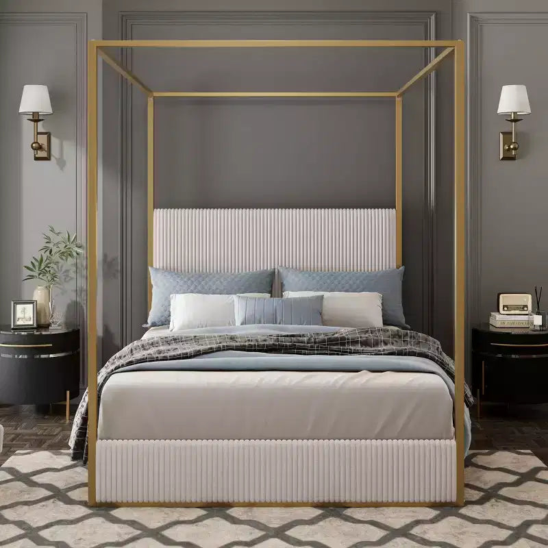 Queen/King Size Canopy Bed Metal 4-Poster Bed Frame with Tall Corduroy Upholstered Headboard, Beige+Gold/Black+White-ModernLuxe