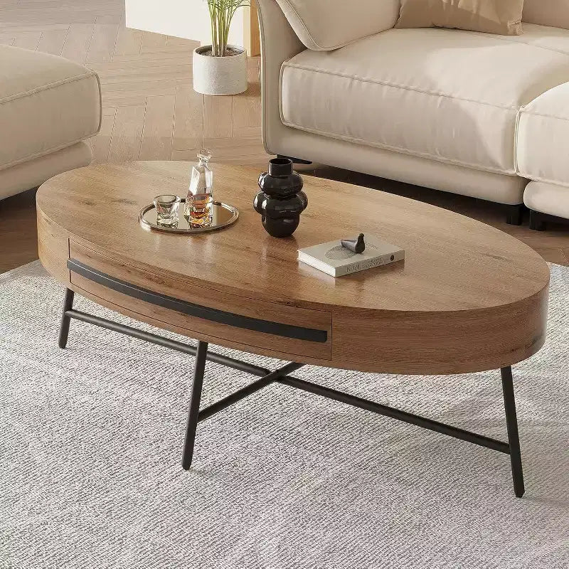 Table basse ovale avec tiroir, table de rangement en bois de 120 cm avec pieds en croix en métal, table basse de style moderne du milieu du siècle en saule naturel et doré