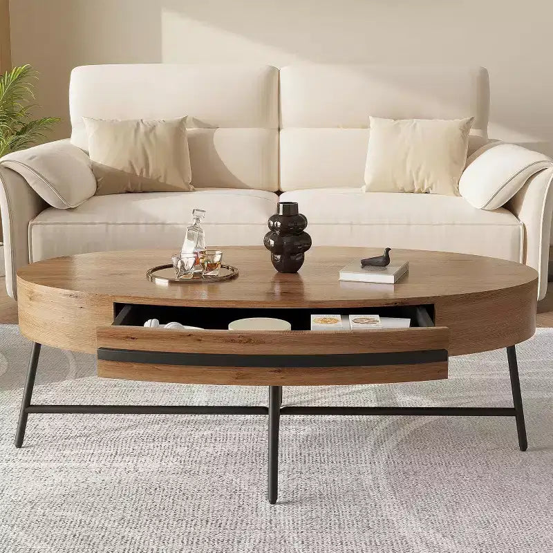 Table basse ovale avec tiroir, table de rangement en bois de 120 cm avec pieds en croix en métal, table basse de style moderne du milieu du siècle en saule naturel et doré