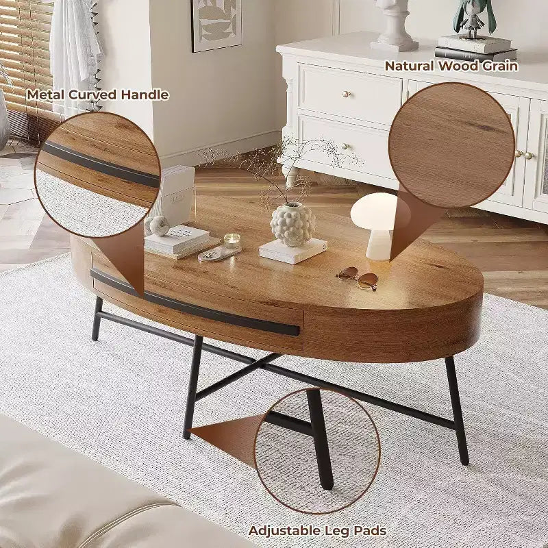 Table basse ovale avec tiroir, table de rangement en bois de 120 cm avec pieds en croix en métal, table basse de style moderne du milieu du siècle en saule naturel et doré