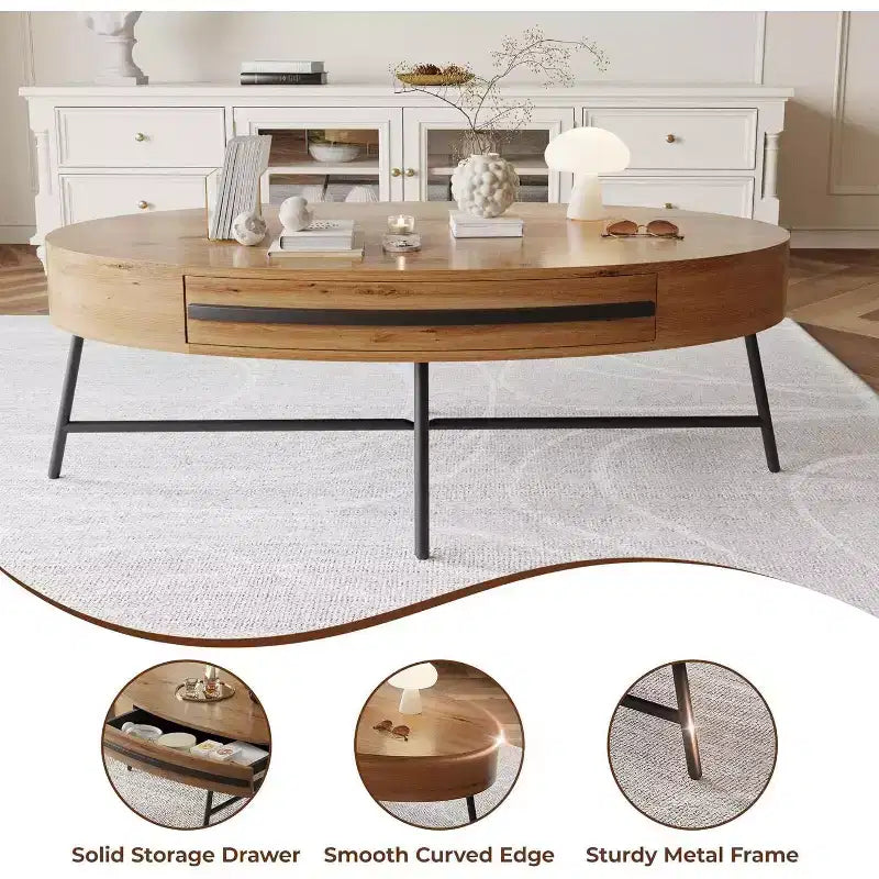 Table basse ovale avec tiroir, table de rangement en bois de 120 cm avec pieds en croix en métal, table basse de style moderne du milieu du siècle en saule naturel et doré