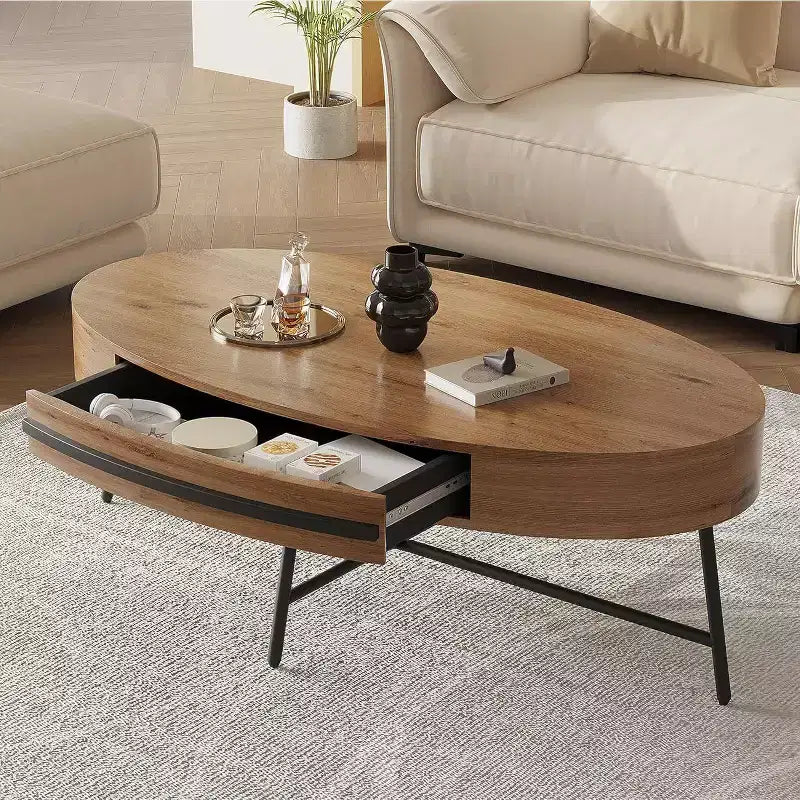 Table basse ovale avec tiroir, table de rangement en bois de 120 cm avec pieds en croix en métal, table basse de style moderne du milieu du siècle en saule naturel et doré