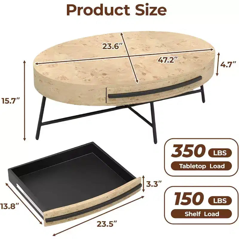 Table basse ovale avec tiroir, table de rangement en bois de 120 cm avec pieds en croix en métal, table basse de style moderne du milieu du siècle en saule naturel et doré