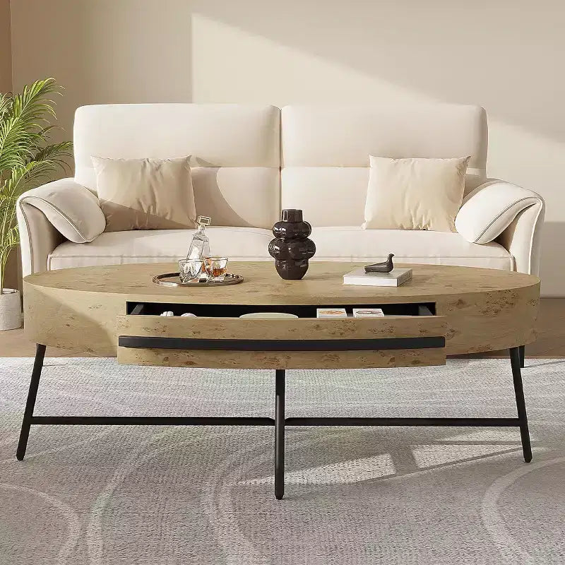 Table basse ovale avec tiroir, table de rangement en bois de 120 cm avec pieds en croix en métal, table basse de style moderne du milieu du siècle en saule naturel et doré