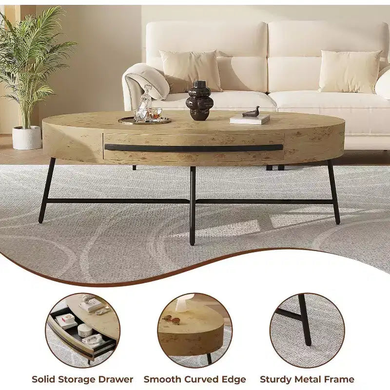 Table basse ovale avec tiroir, table de rangement en bois de 120 cm avec pieds en croix en métal, table basse de style moderne du milieu du siècle en saule naturel et doré