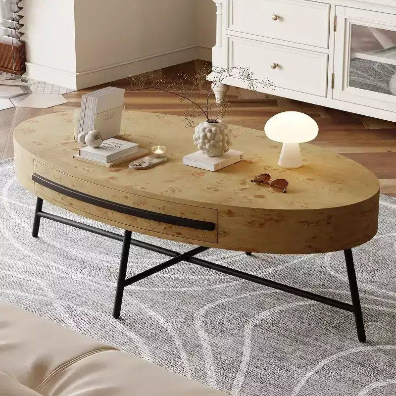 Table basse ovale avec tiroir, table de rangement en bois de 120 cm avec pieds en croix en métal, table basse de style moderne du milieu du siècle en saule naturel et doré