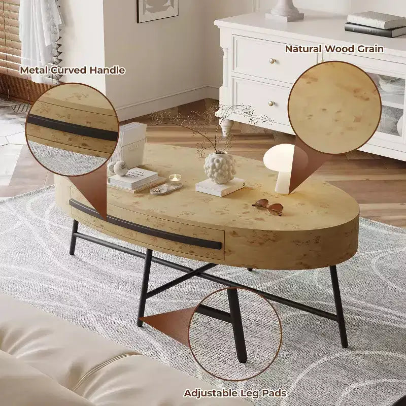 Table basse ovale avec tiroir, table de rangement en bois de 120 cm avec pieds en croix en métal, table basse de style moderne du milieu du siècle en saule naturel et doré