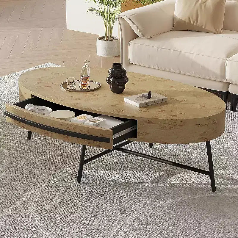 Table basse ovale avec tiroir, table de rangement en bois de 120 cm avec pieds en croix en métal, table basse de style moderne du milieu du siècle en saule naturel et doré
