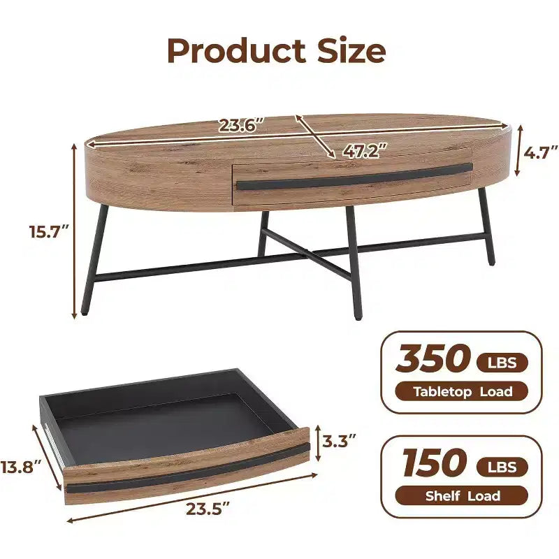 Table basse ovale avec tiroir, table de rangement en bois de 120 cm avec pieds en croix en métal, table basse de style moderne du milieu du siècle en saule naturel et doré