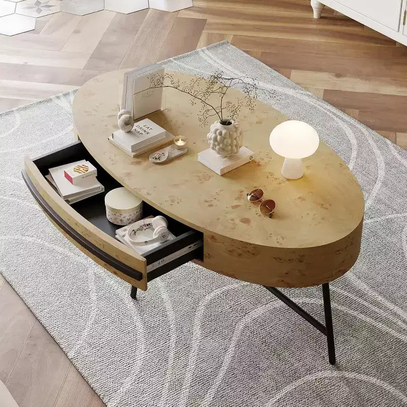 Acekool Oval Coffee Table with Drawer, 47.2 Wooden Storage Table with Cross Metal Legs  Mid-Century Modern Center Table in Natural &amp; Golden Willow