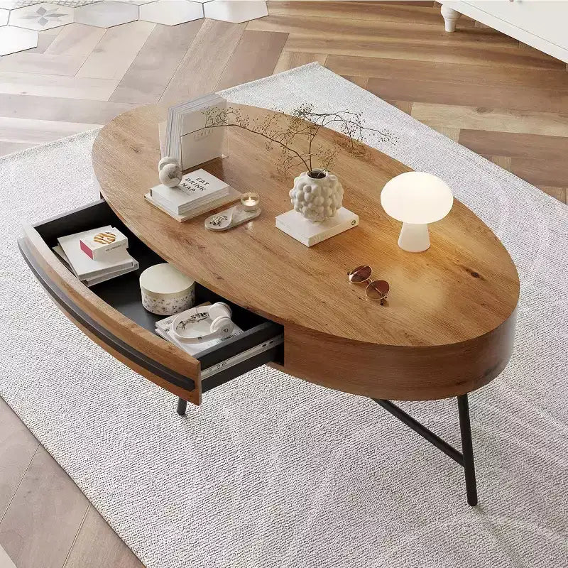 Table basse ovale avec tiroir, table de rangement en bois de 120 cm avec pieds en croix en métal, table basse de style moderne du milieu du siècle en saule naturel et doré