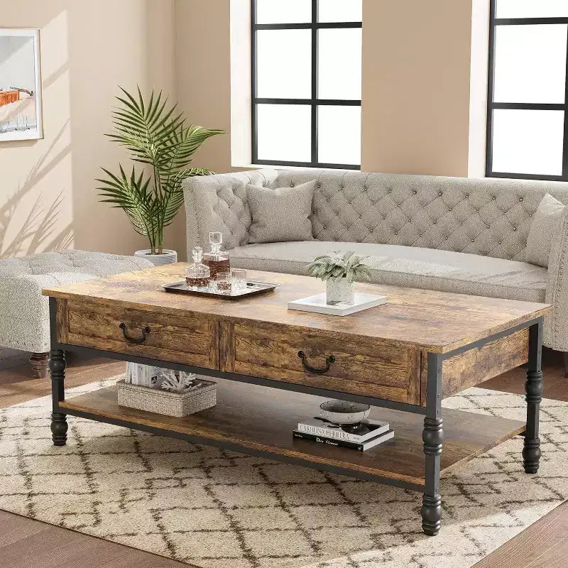 41 Table basse rectangulaire avec tiroirs, table de rangement de style Mid-Century marron rustique avec pieds en métal pour salon et bureau