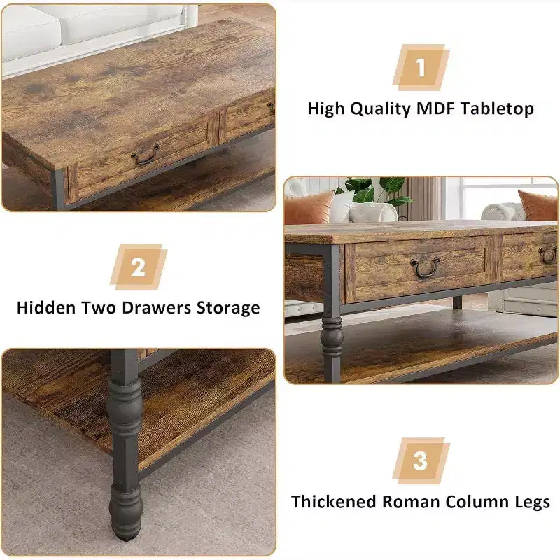 41 Table basse rectangulaire avec tiroirs, table de rangement de style Mid-Century marron rustique avec pieds en métal pour salon et bureau