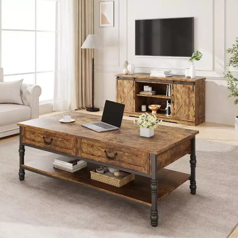 41 Table basse rectangulaire avec tiroirs, table de rangement de style Mid-Century marron rustique avec pieds en métal pour salon et bureau