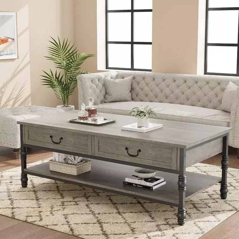 41 Table basse rectangulaire avec tiroirs, table de rangement de style Mid-Century marron rustique avec pieds en métal pour salon et bureau