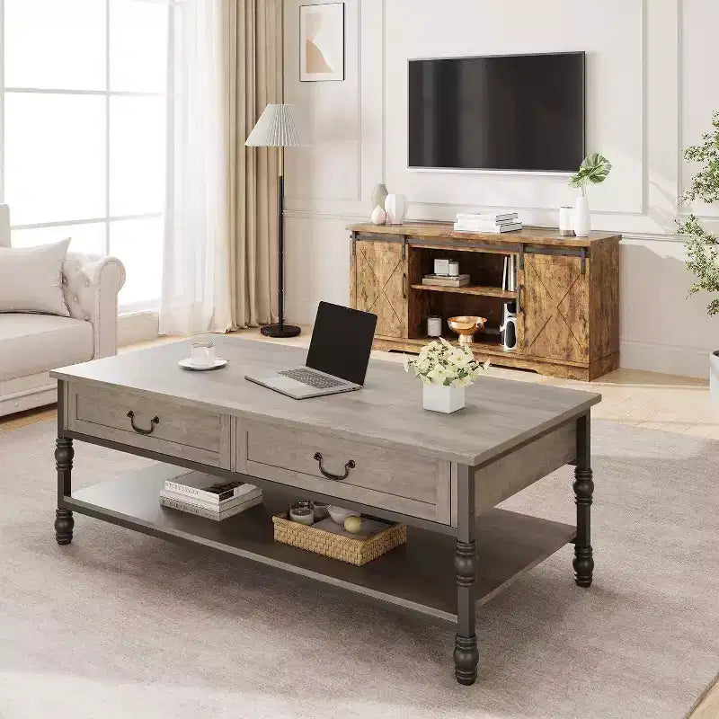 41 Table basse rectangulaire avec tiroirs, table de rangement de style Mid-Century marron rustique avec pieds en métal pour salon et bureau