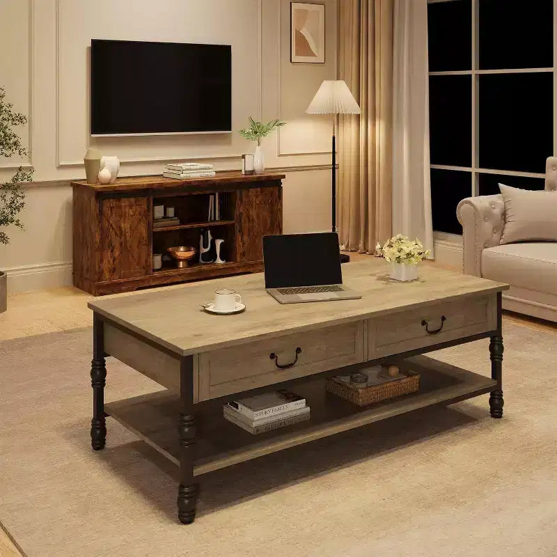 41 Table basse rectangulaire avec tiroirs, table de rangement de style Mid-Century marron rustique avec pieds en métal pour salon et bureau