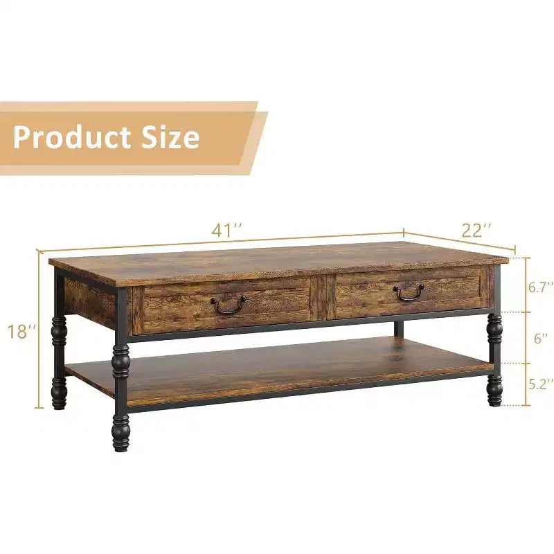 41 Table basse rectangulaire avec tiroirs, table de rangement de style Mid-Century marron rustique avec pieds en métal pour salon et bureau