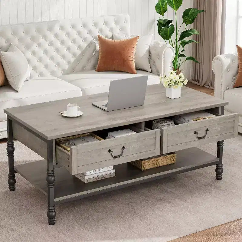 Acekool 41 Rectangular Coffee Table with Drawers, Rustic Brown Mid-Century Storage Cocktail Table with Metal Legs for Living Room &amp; Office