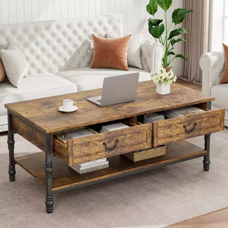 41 Table basse rectangulaire avec tiroirs, table de rangement de style Mid-Century marron rustique avec pieds en métal pour salon et bureau
