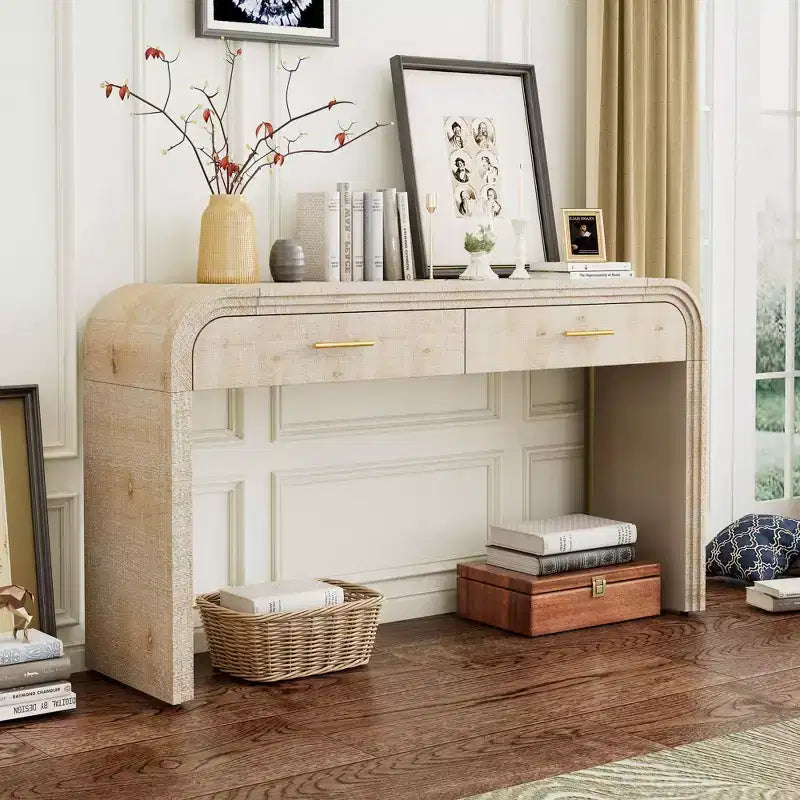 Console Rétro Unique avec Silhouette Ouverte, Deux Tiroirs Supérieurs (Finition Bois Naturel)