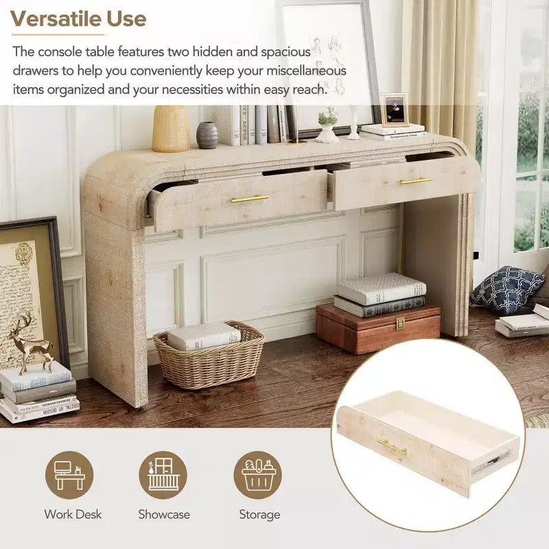 Console Rétro Unique avec Silhouette Ouverte, Deux Tiroirs Supérieurs (Finition Bois Naturel)