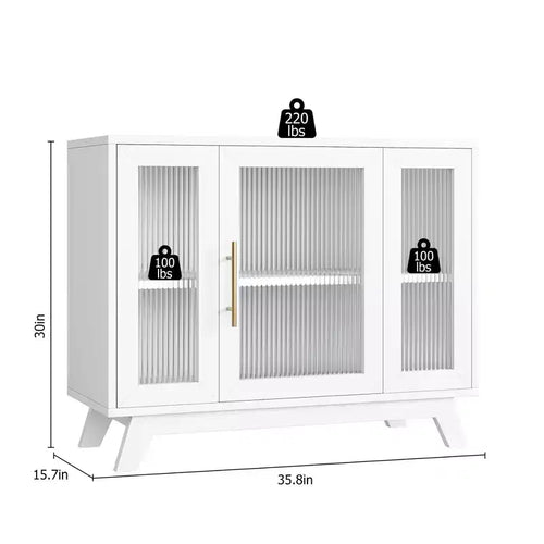 Buffet moderne de 91 cm avec portes en verre cannelé, étagères réglables, meuble décoratif pour cuisine, salon