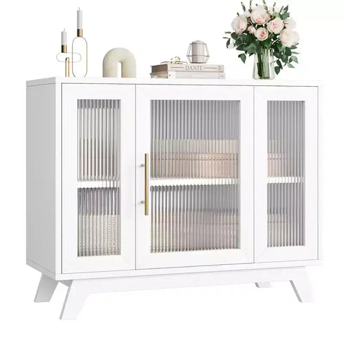 36 Inch Modern Sideboard with Fluted Glass Doors with Adjustable Shelves, Kitchen, Living Room Decorative Cabinet