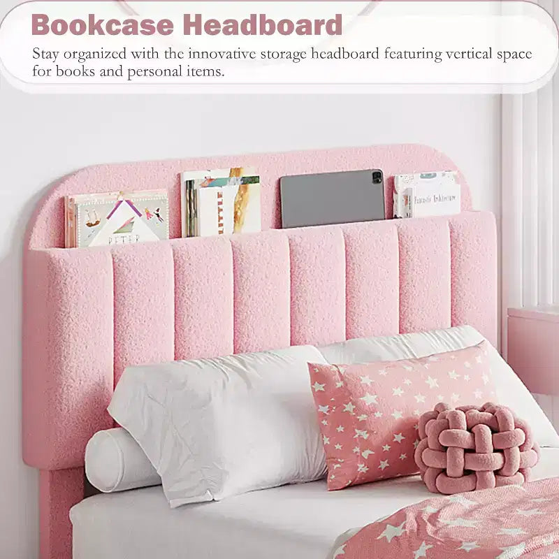 Cadre de lit double avec tête de lit de rangement, cadre de lit pour enfants avec 2 tiroirs, assemblage facile, pas besoin de sommier tapissier