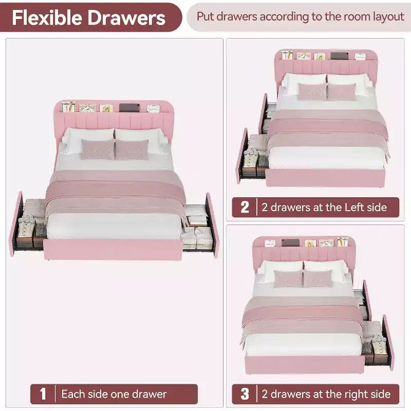 Cadre de lit double avec tête de lit de rangement, cadre de lit pour enfants avec 2 tiroirs, assemblage facile, pas besoin de sommier tapissier