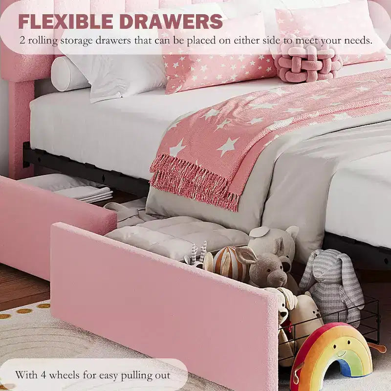 Cadre de lit double avec tête de lit de rangement, cadre de lit pour enfants avec 2 tiroirs, assemblage facile, pas besoin de sommier tapissier
