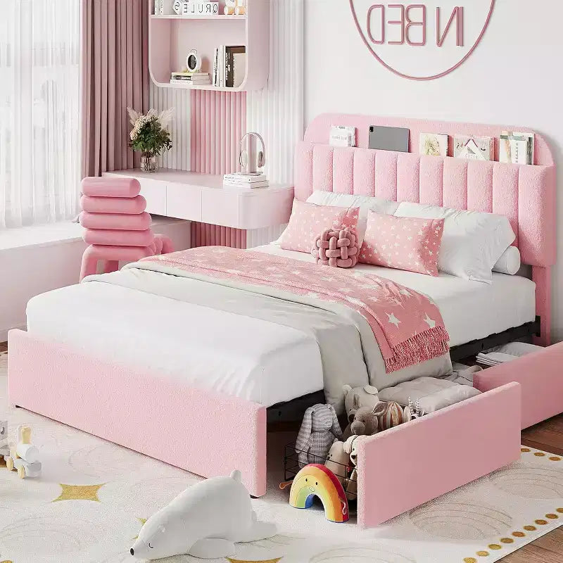 Cadre de lit double avec tête de lit de rangement, cadre de lit pour enfants avec 2 tiroirs, assemblage facile, pas besoin de sommier tapissier