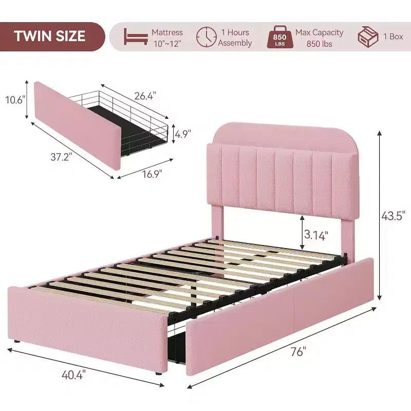 Cadre de lit double avec tête de lit de rangement, cadre de lit pour enfants avec 2 tiroirs, assemblage facile, pas besoin de sommier tapissier