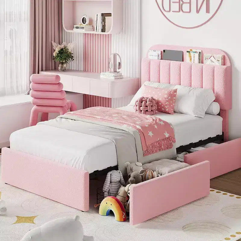 Cadre de lit double avec tête de lit de rangement, cadre de lit pour enfants avec 2 tiroirs, assemblage facile, pas besoin de sommier tapissier