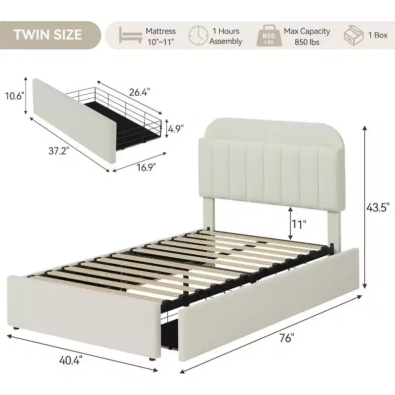 Cadre de lit double avec tête de lit de rangement, cadre de lit pour enfants avec 2 tiroirs, assemblage facile, pas besoin de sommier tapissier