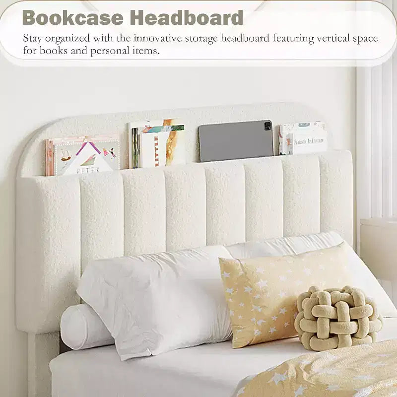 Cadre de lit double avec tête de lit de rangement, cadre de lit pour enfants avec 2 tiroirs, assemblage facile, pas besoin de sommier tapissier