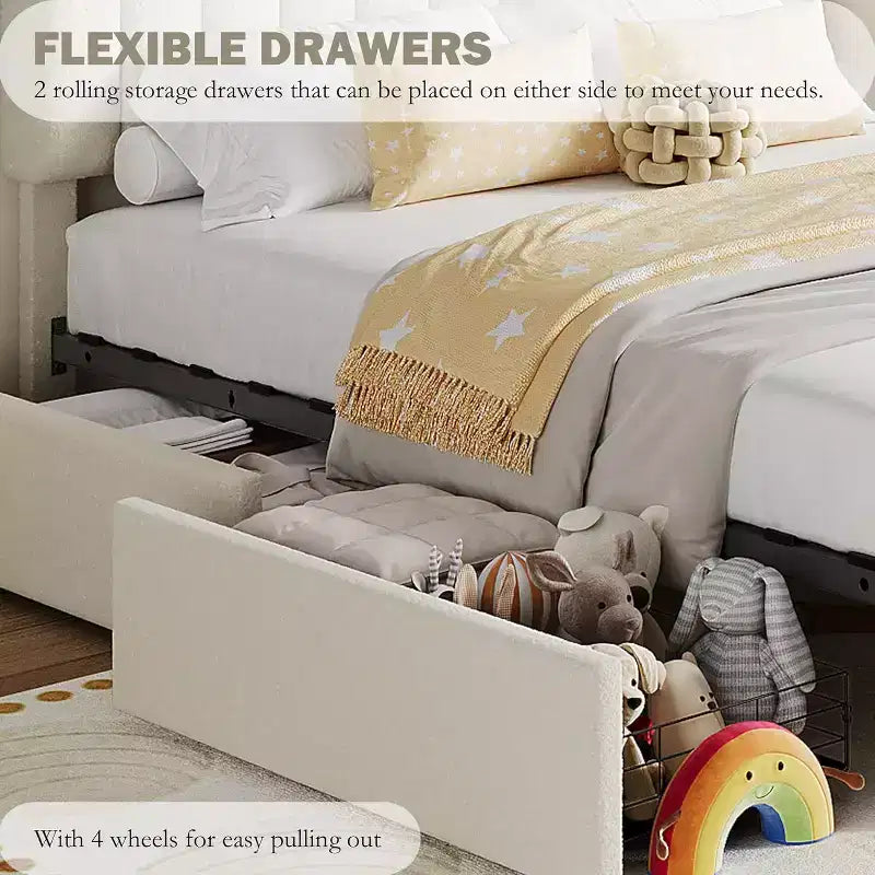 Cadre de lit double avec tête de lit de rangement, cadre de lit pour enfants avec 2 tiroirs, assemblage facile, pas besoin de sommier tapissier