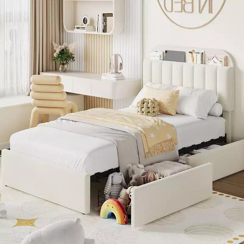 Cadre de lit double avec tête de lit de rangement, cadre de lit pour enfants avec 2 tiroirs, assemblage facile, pas besoin de sommier tapissier