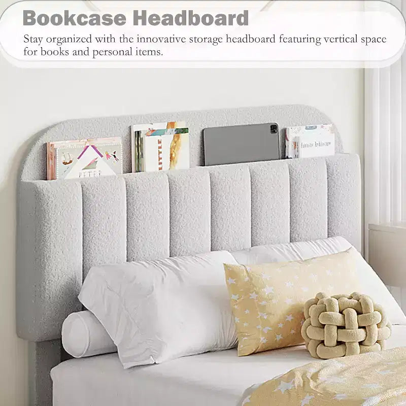 Cadre de lit double avec tête de lit de rangement, cadre de lit pour enfants avec 2 tiroirs, assemblage facile, pas besoin de sommier tapissier